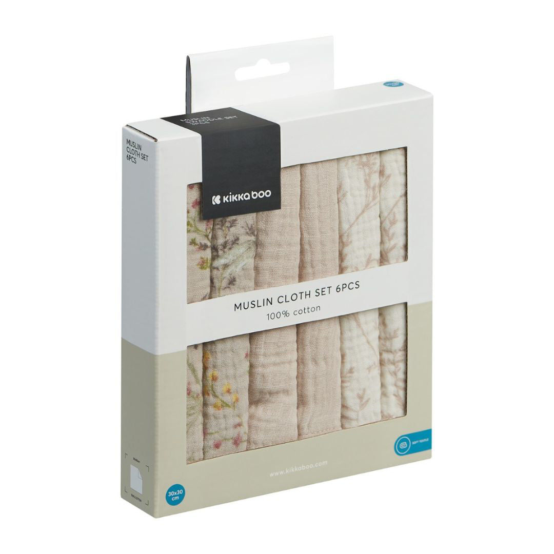 KikkaBoo® Krpice za umivanje iz muslina 6 kosov 30x30 cm Secret Garden Beige KikkaBoo