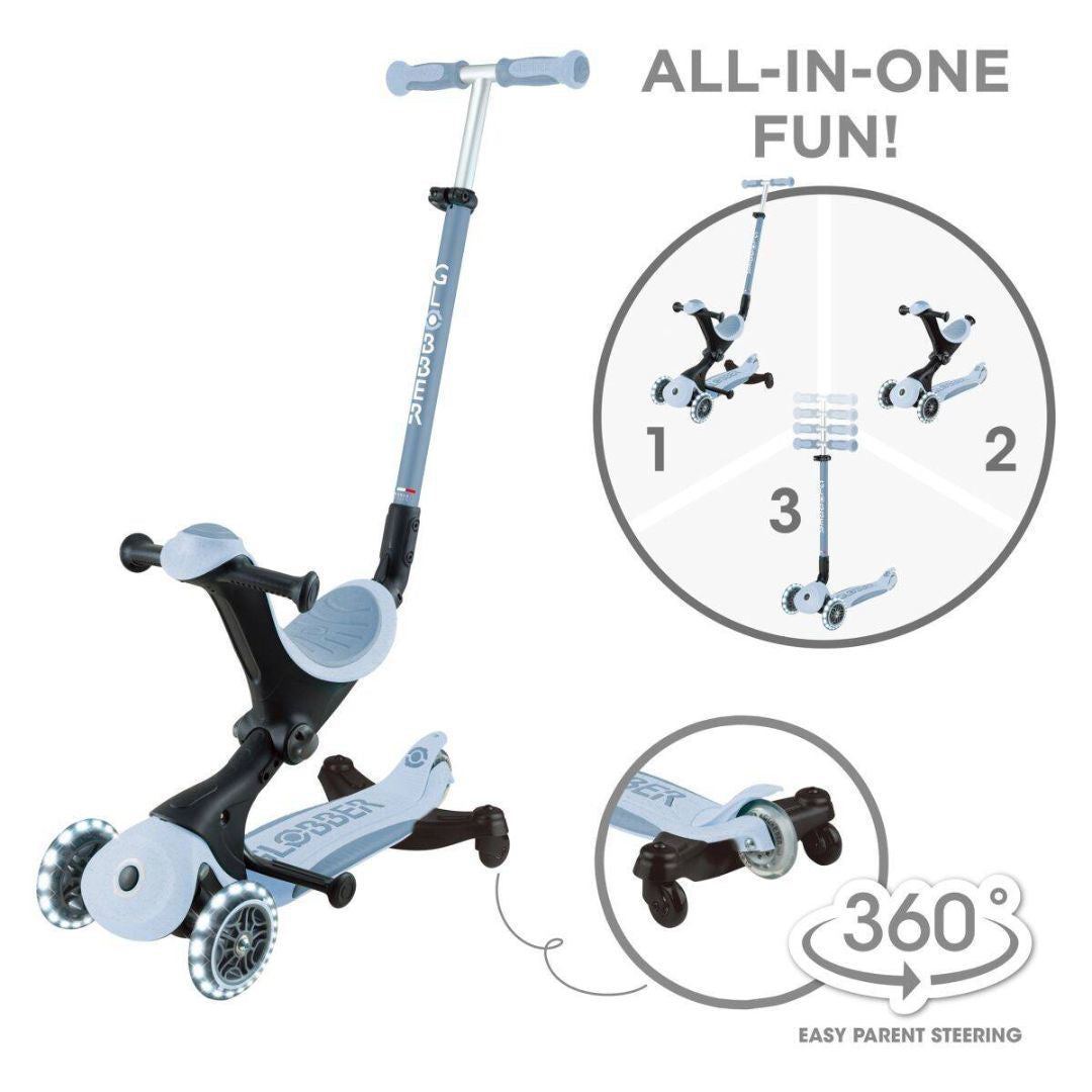 Globber® Zložljivi otroški skiro GO UP deluxe 360° s svetlečimi kolesi Blueberry Globber