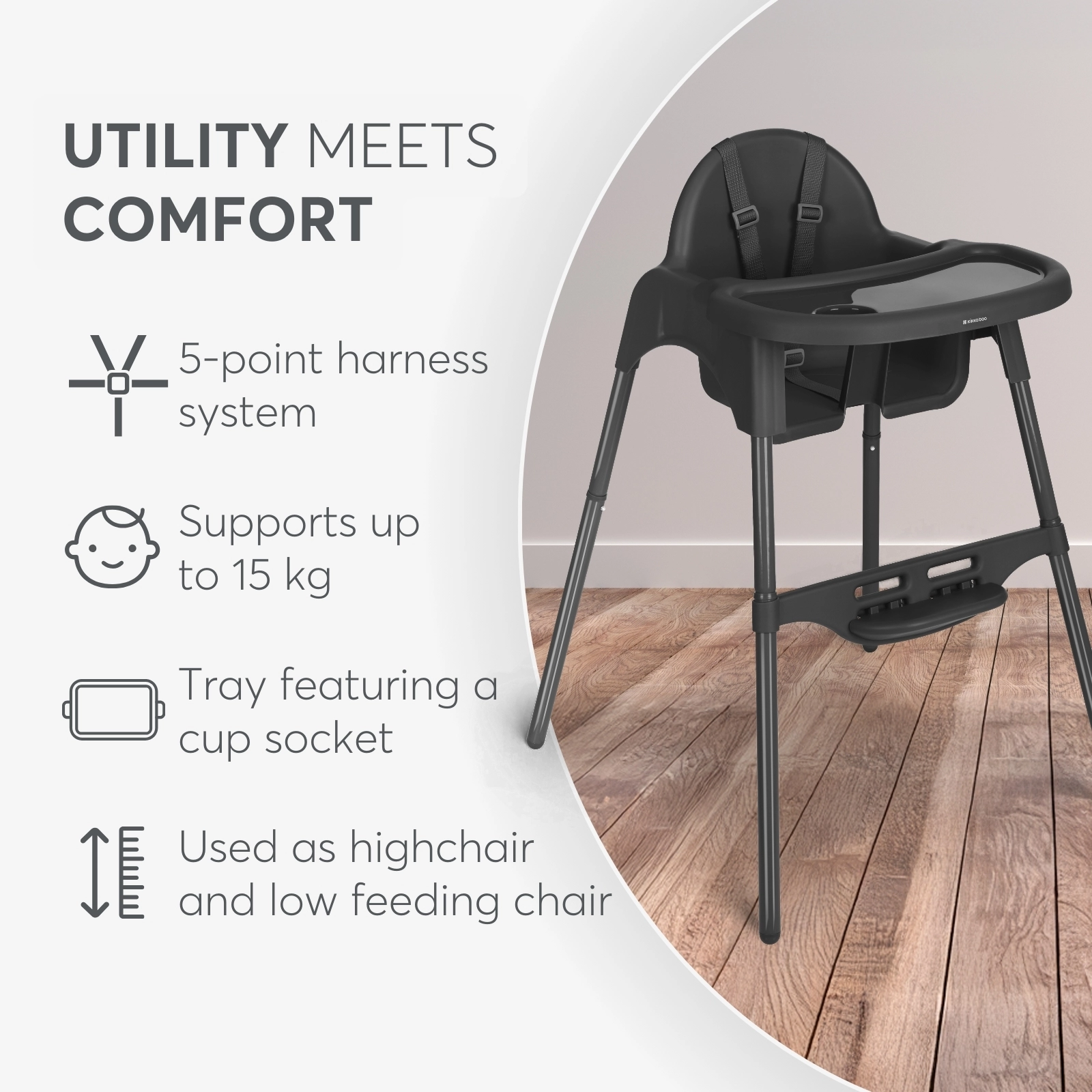 KikkaBoo® Otroški stol za hranjenje 2v1 Jammy Black KikkaBoo