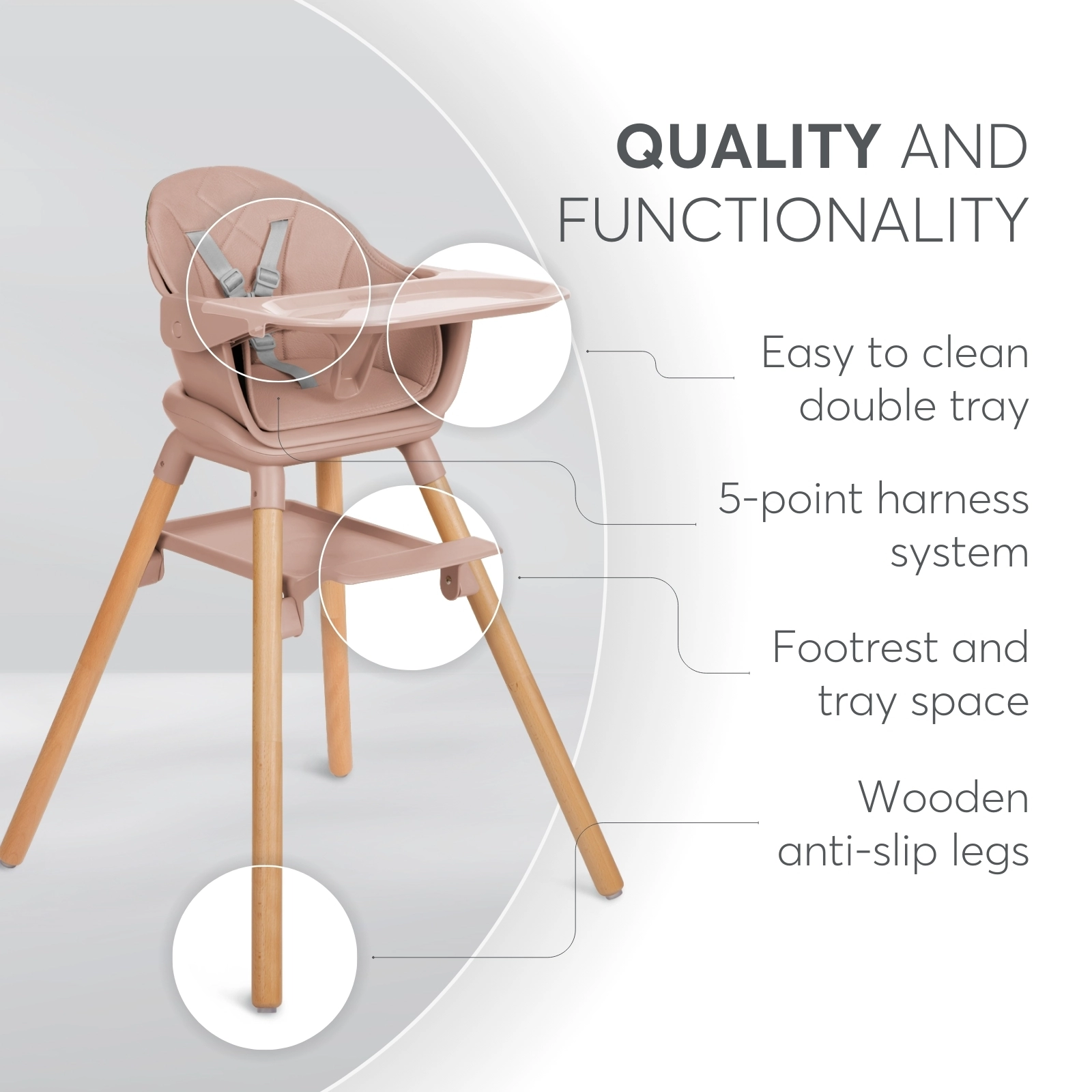 KikkaBoo® Otroški stol za hranjenje 2v1 Woody Pink KikkaBoo