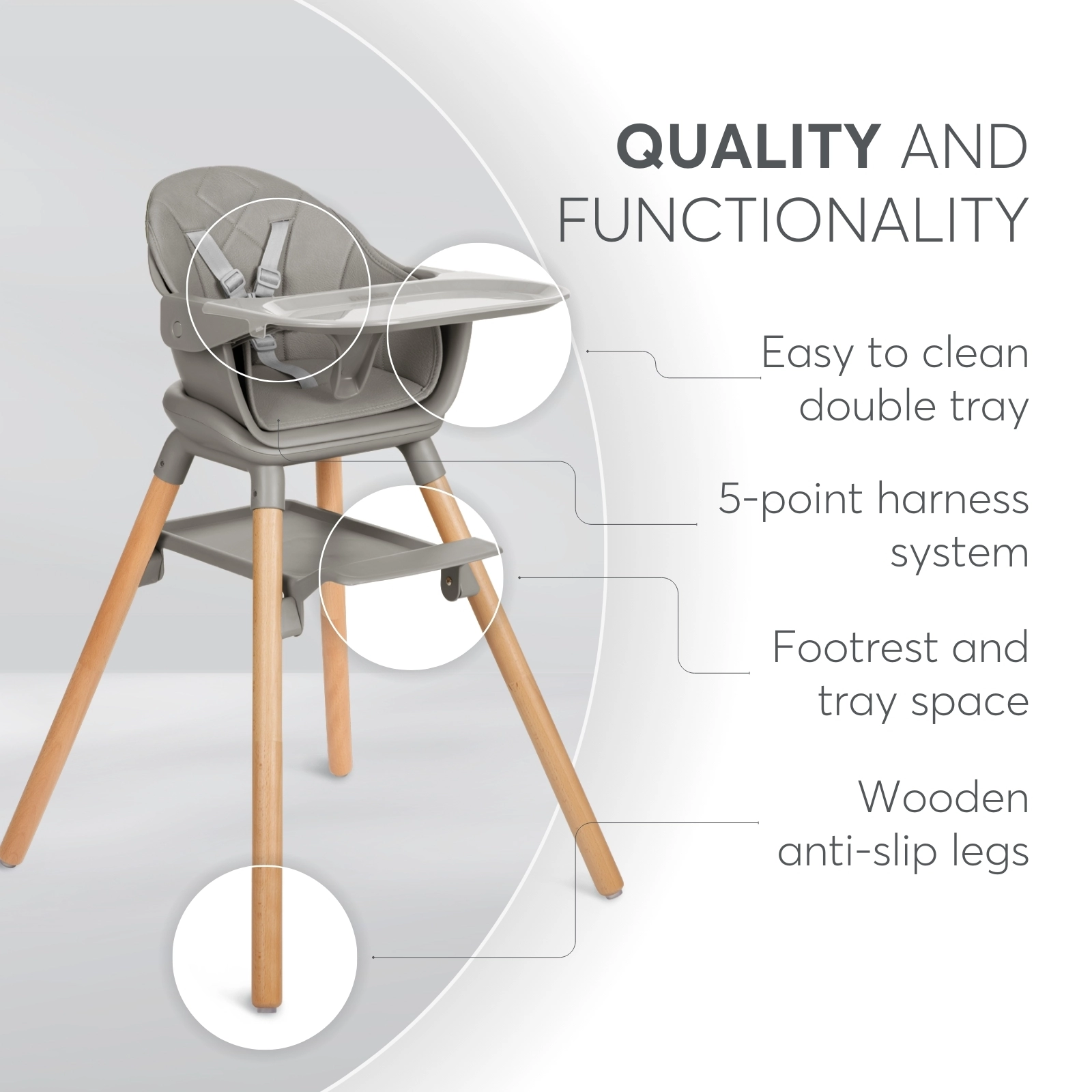 KikkaBoo® Otroški stol za hranjenje 2v1 Woody Grey KikkaBoo