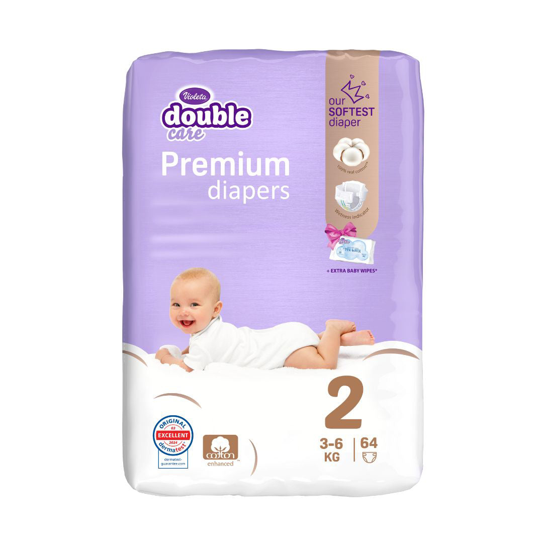 Violeta® Plenice Double Care Cotton Touch 2 Mini (3-6 kg) 64 kosov + Vlažilni robčki Water Care Violeta