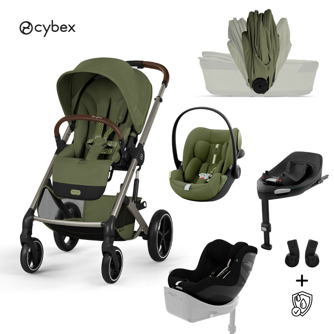Cybex® Passeggino con navicella pieghevole 5in1 Balios S Lux + Seggiolino auto Cloud G3 + Base IsoFix G3 + Seggiolino auto Sirona G3 Moss Green (+ Parapioggia)