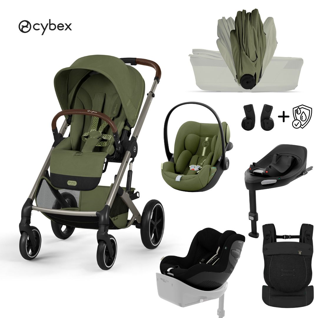 Cybex® Passeggino con navicella pieghevole 5in1 Balios S Lux + Culla Amya + Seggiolino auto Cloud G3 + Base IsoFix G3 + Seggiolino auto Sirona G3 Moss Green (+ Rain cover)