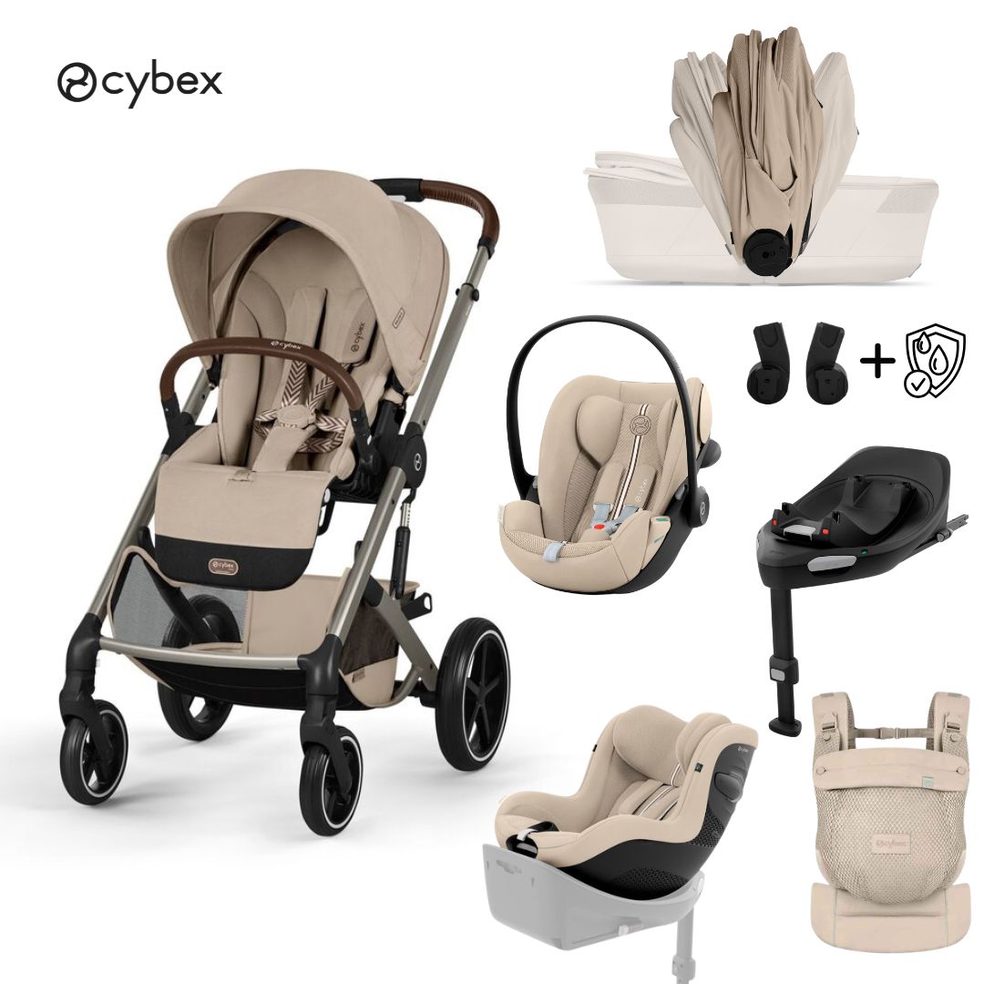 Cybex® Passeggino con navicella pieghevole 5in1 Balios S Lux + Ovetto Amya + Seggiolino auto Cloud G3 + Base IsoFix G3 + Seggiolino auto Sirona G3 Almond Beige (+ Parapioggia)