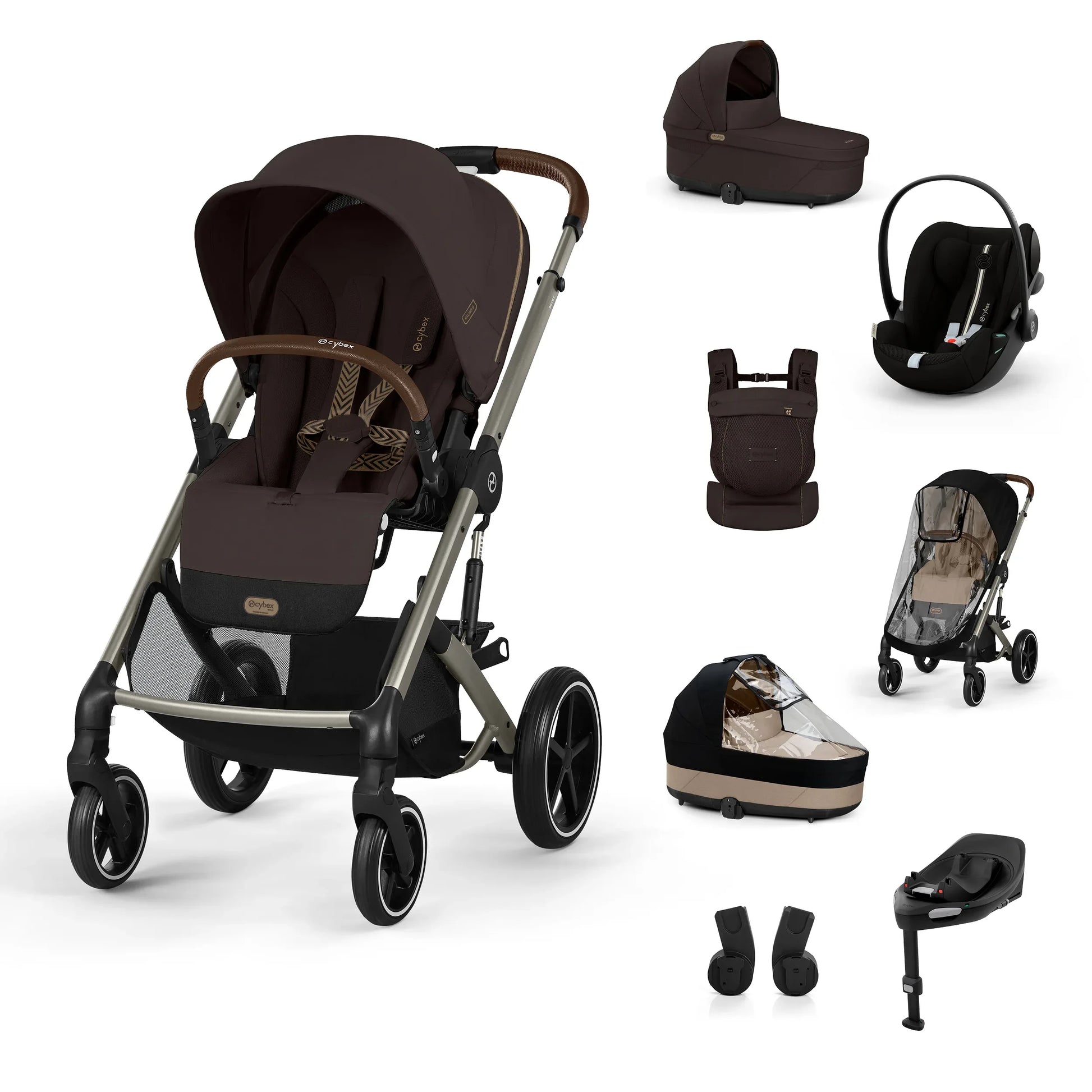 Cybex® Otroški voziček 4v1 Balios S Lux + Nosilka Amya + Avtosedež Cloud G + IsoFix baza G Chocolate Brown (+ Rain cover) Cybex