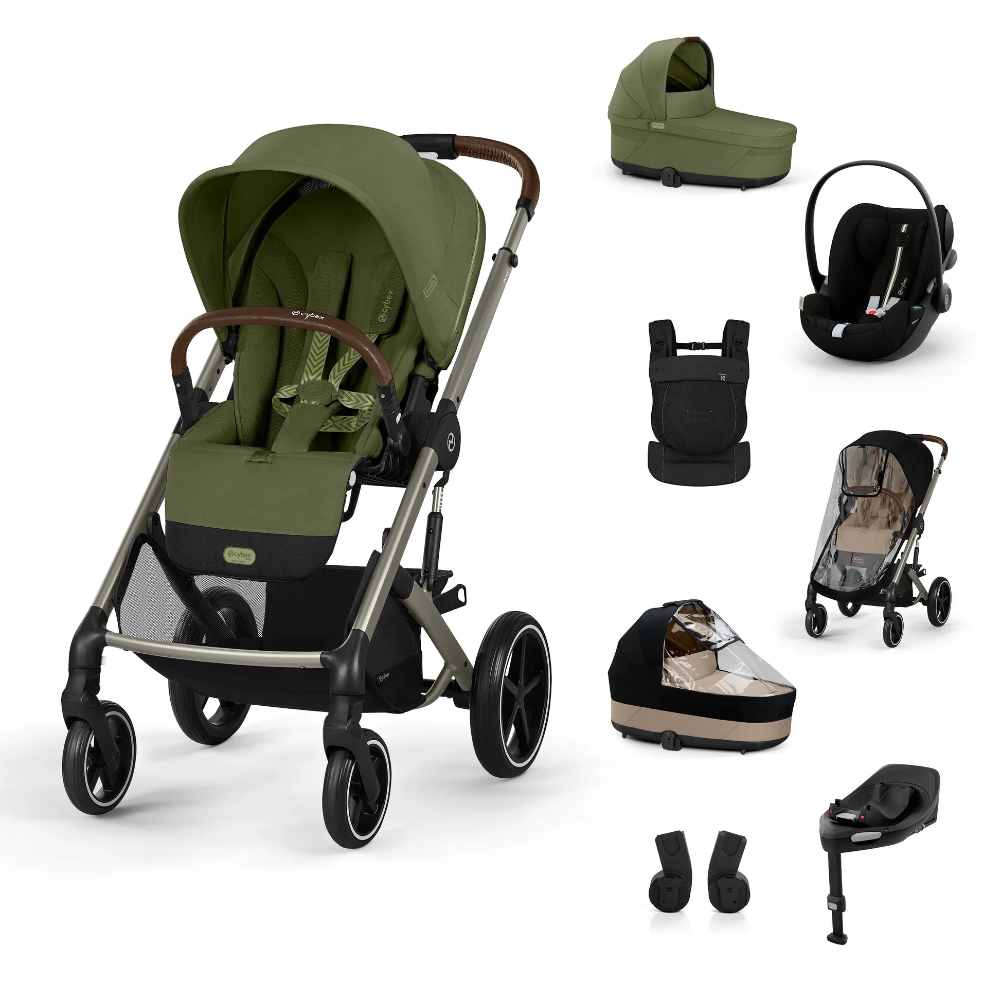 Cybex® Otroški voziček 4v1 Balios S Lux + Nosilka Amya + Avtosedež Cloud G + IsoFix baza G Moss Green (+ Rain cover) Cybex