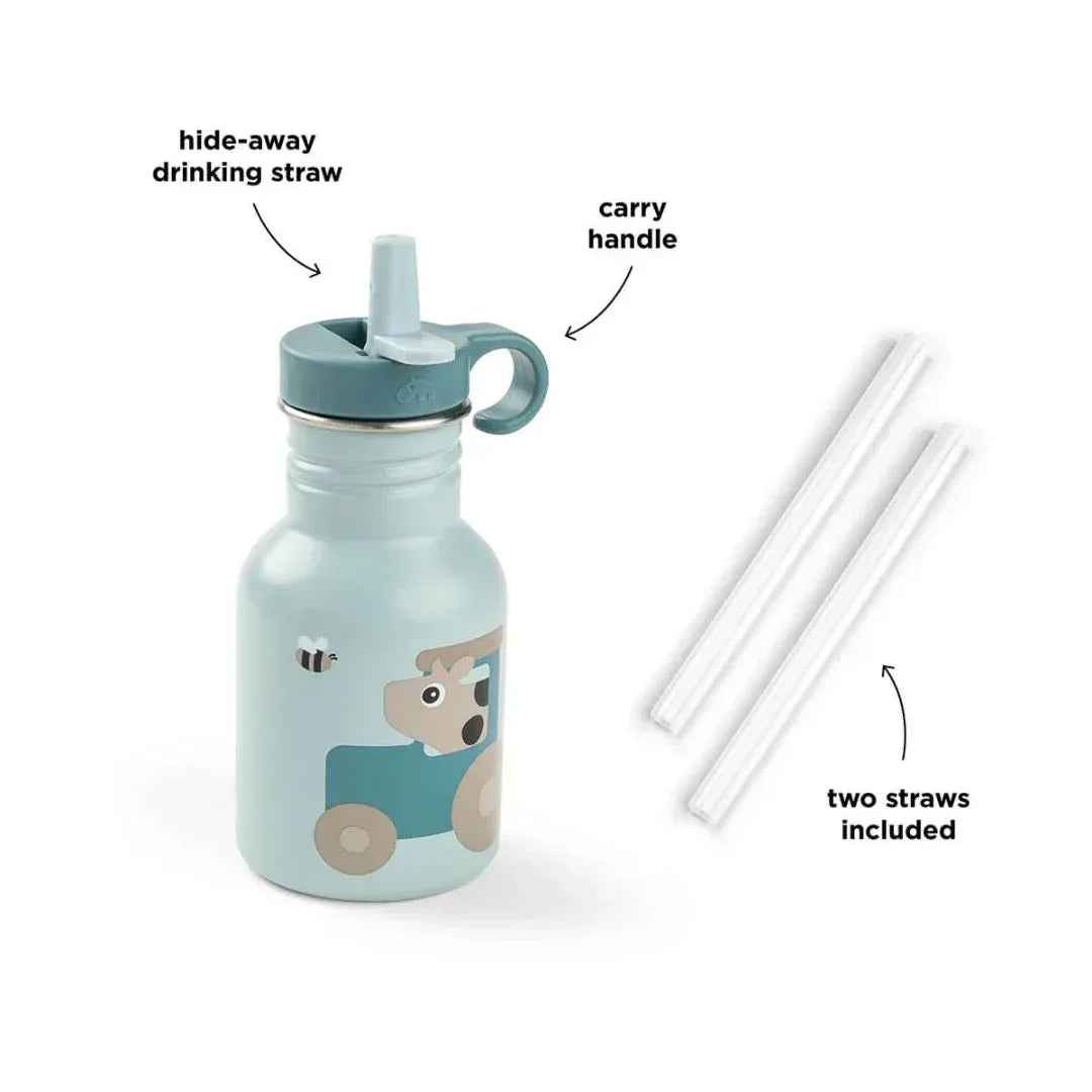 Done by Deer® Kovinska steklenička s slamico Tiny farm Blue 350 ml