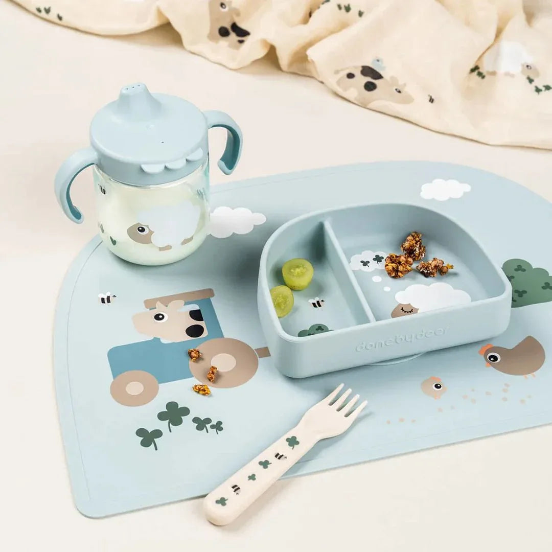 Done by Deer® Lonček s pokrovčkom in ročaji Tiny farm Blue Done by Deer