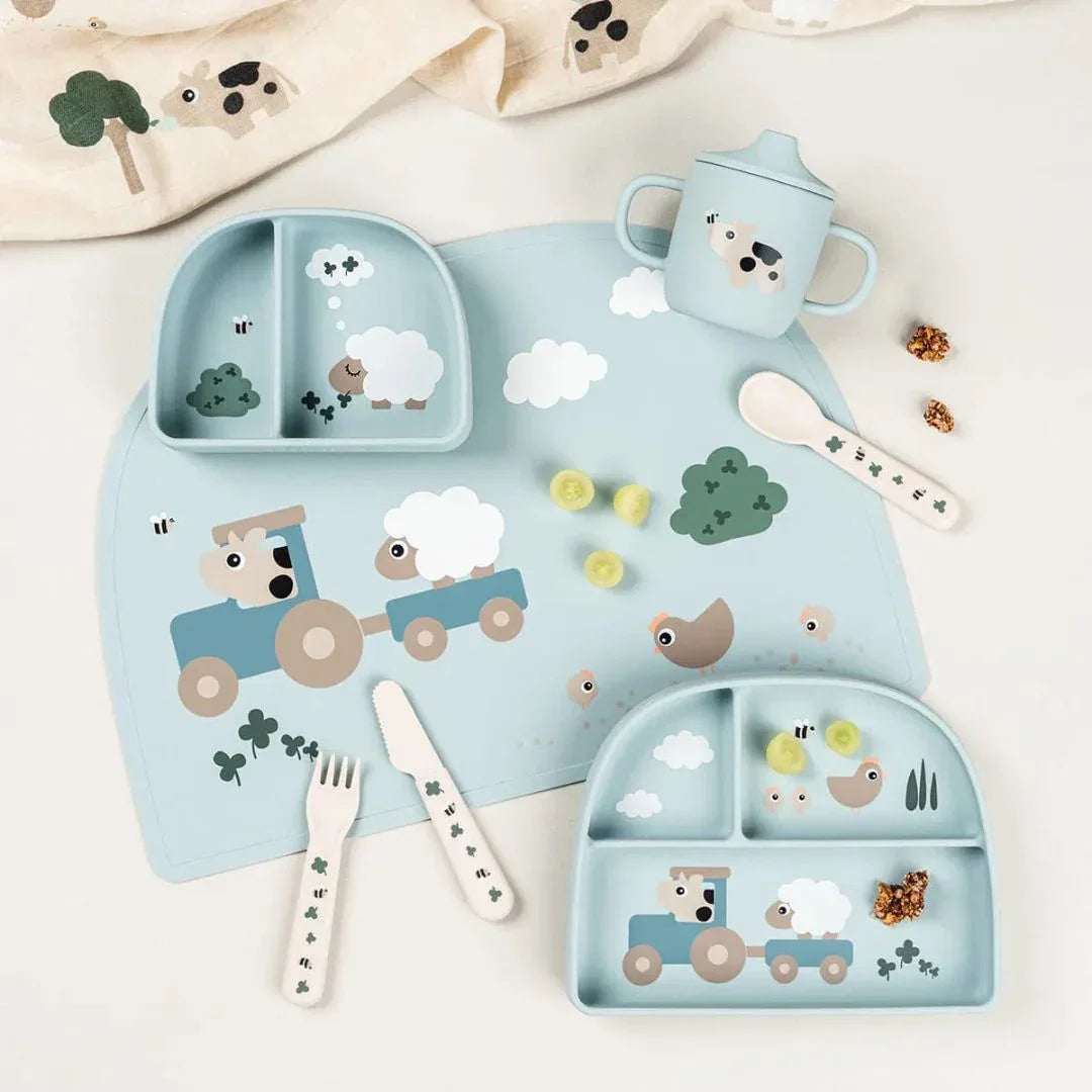 Done by Deer® Otroška deljena skledica Stick&Stay Tiny farm Blue Done by Deer