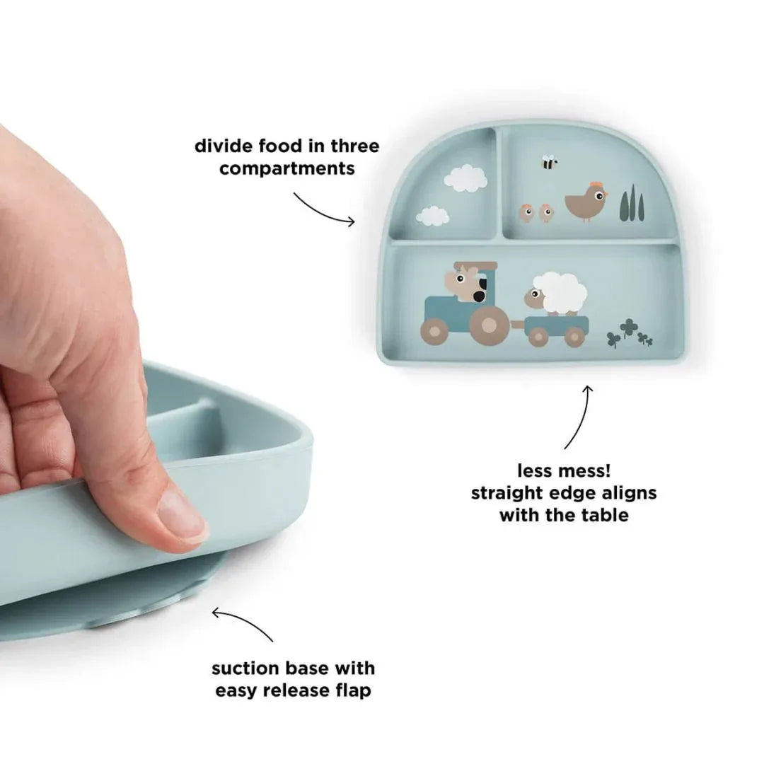 Done by Deer® Otroški deljeni krožnik Stick&Stay Tiny farm Blue Done by Deer