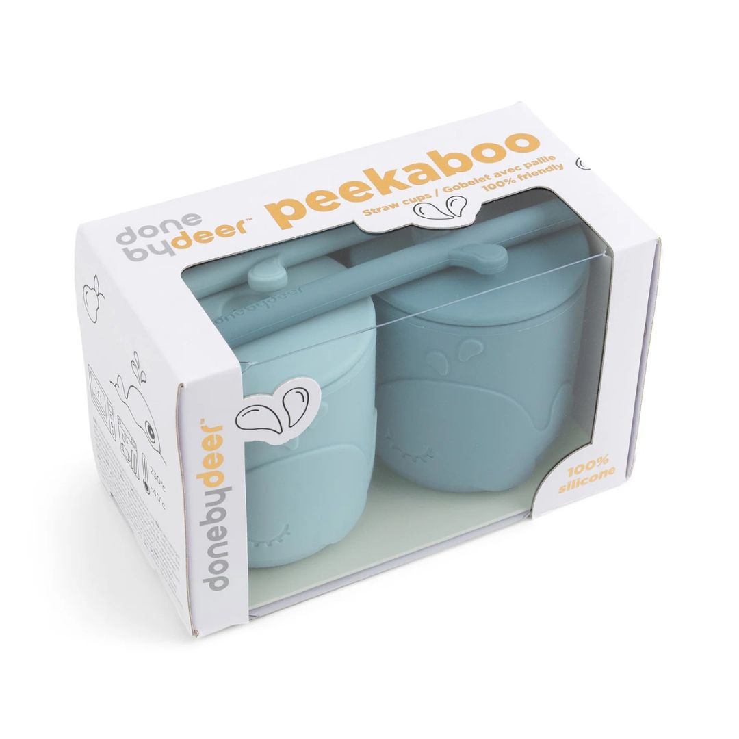 Done by Deer® Silicone cup with straw Peekaboo Wally Blue 2 pieces