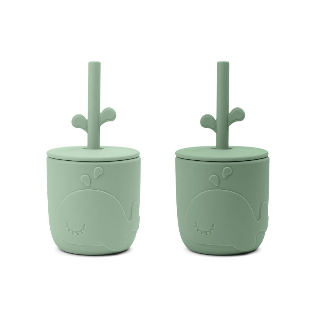 Done by Deer® Bicchiere in silicone con cannuccia Peekaboo Wally Green 2 pezzi