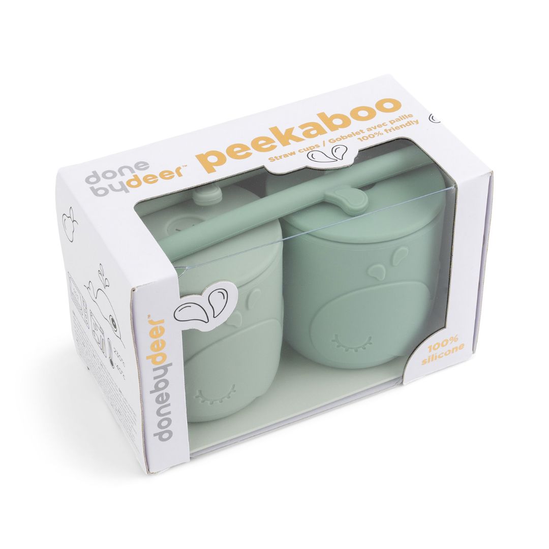 Done by Deer® Bicchiere in silicone con cannuccia Peekaboo Wally Green 2 pezzi