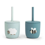 Done by Deer® Set 2 tazze in silicone con cannuccia Tiny Farm Blue