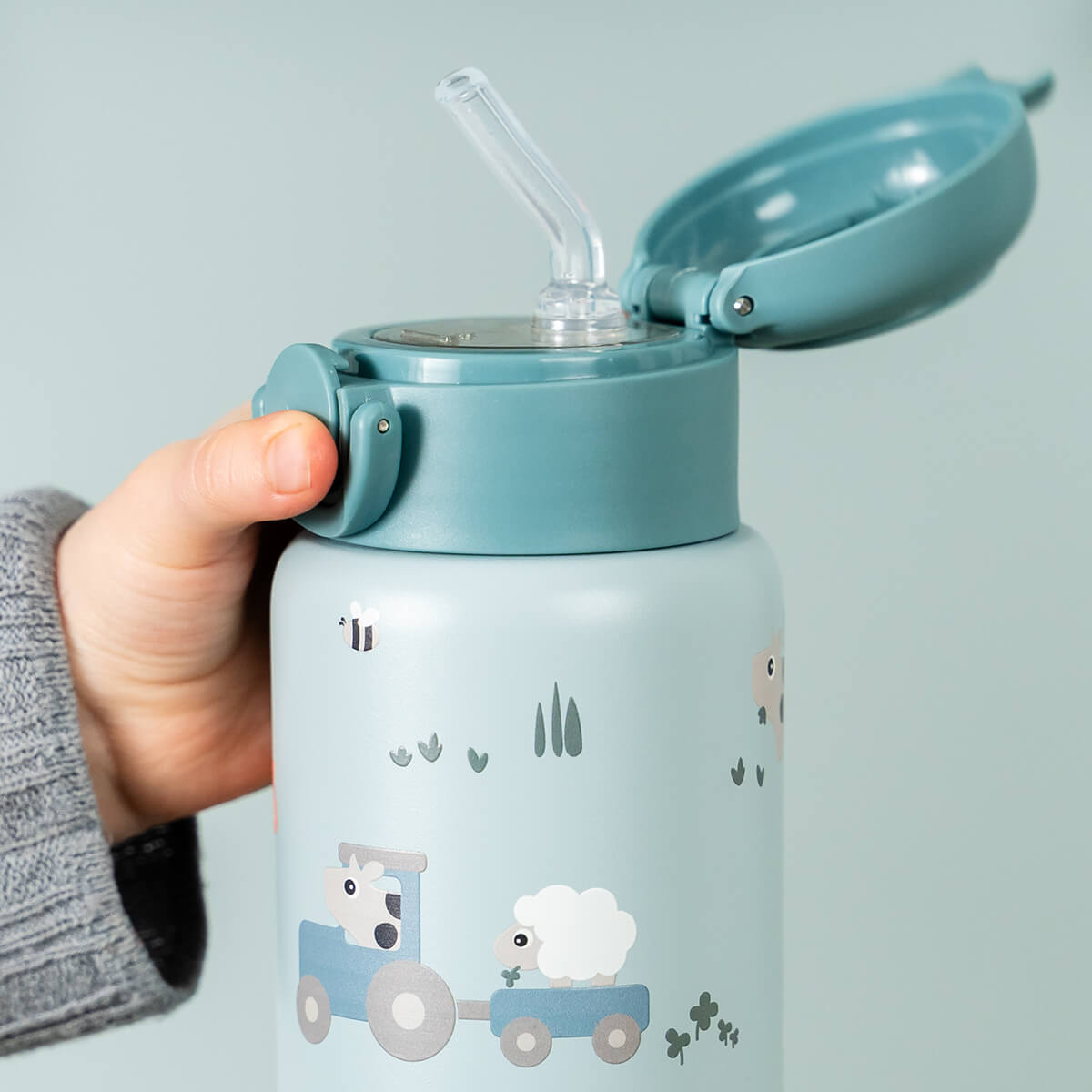 Done by Deer® Termo steklenička s slamico 340 ml Tiny farm Blue Done by Deer