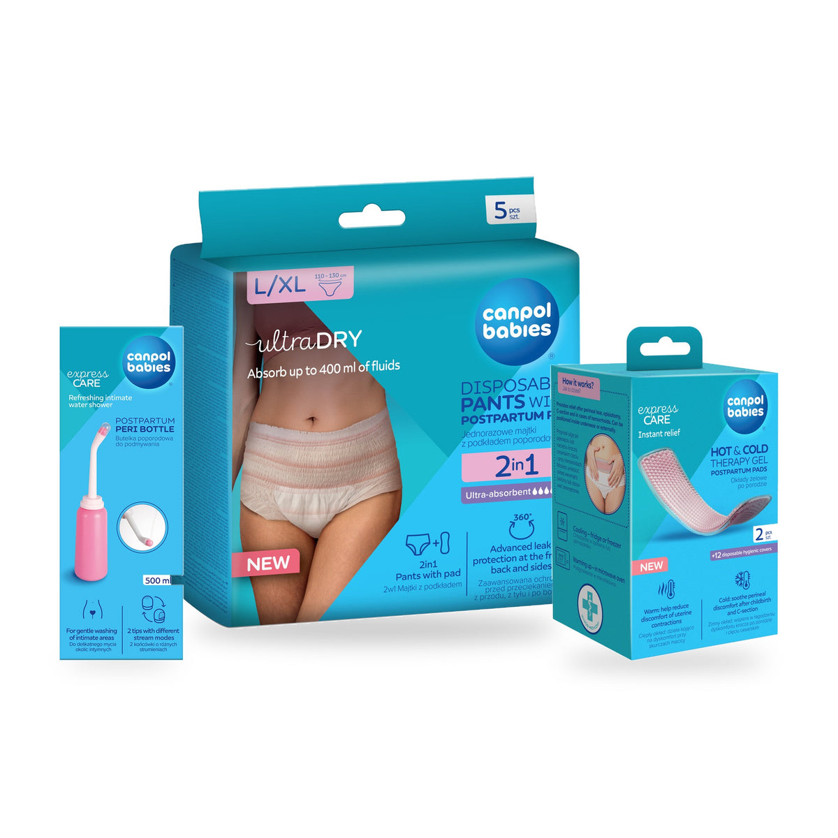 Canpol babies® 2v1 ultra vpojne poporodne hlačke z vložkom L/XL 5 + Toplo-hladni terapevtski gel poporodni obkladki 2 + Plastenka za izpiranje presredka kos