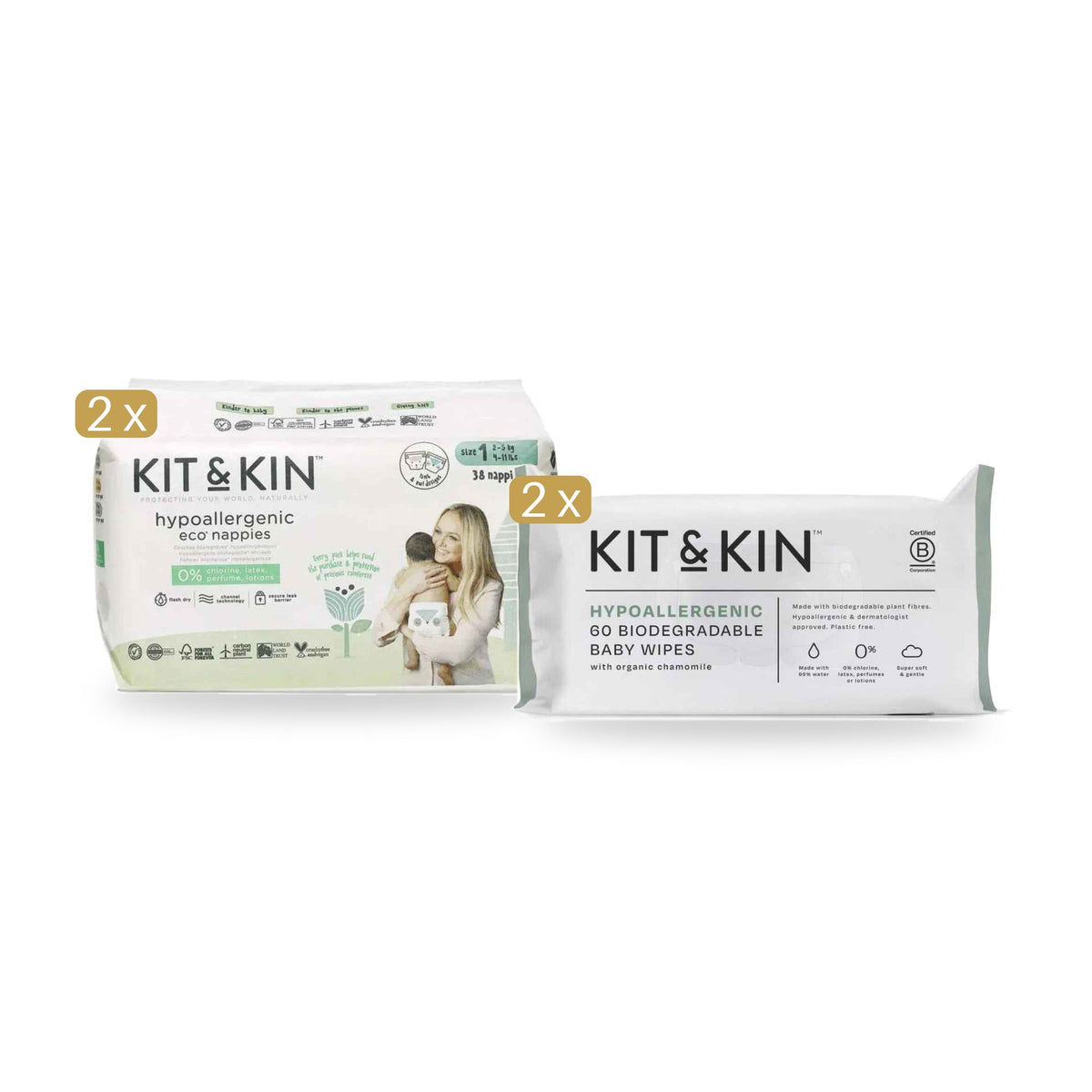 Kit&Kin® Plenice velikost 1 (2-5 kg) 38 kos + Vlažilni robčki 60/1