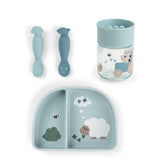 Done by Deer® Set za jelo za učenje pijenja 360° Tiny farm Blue
