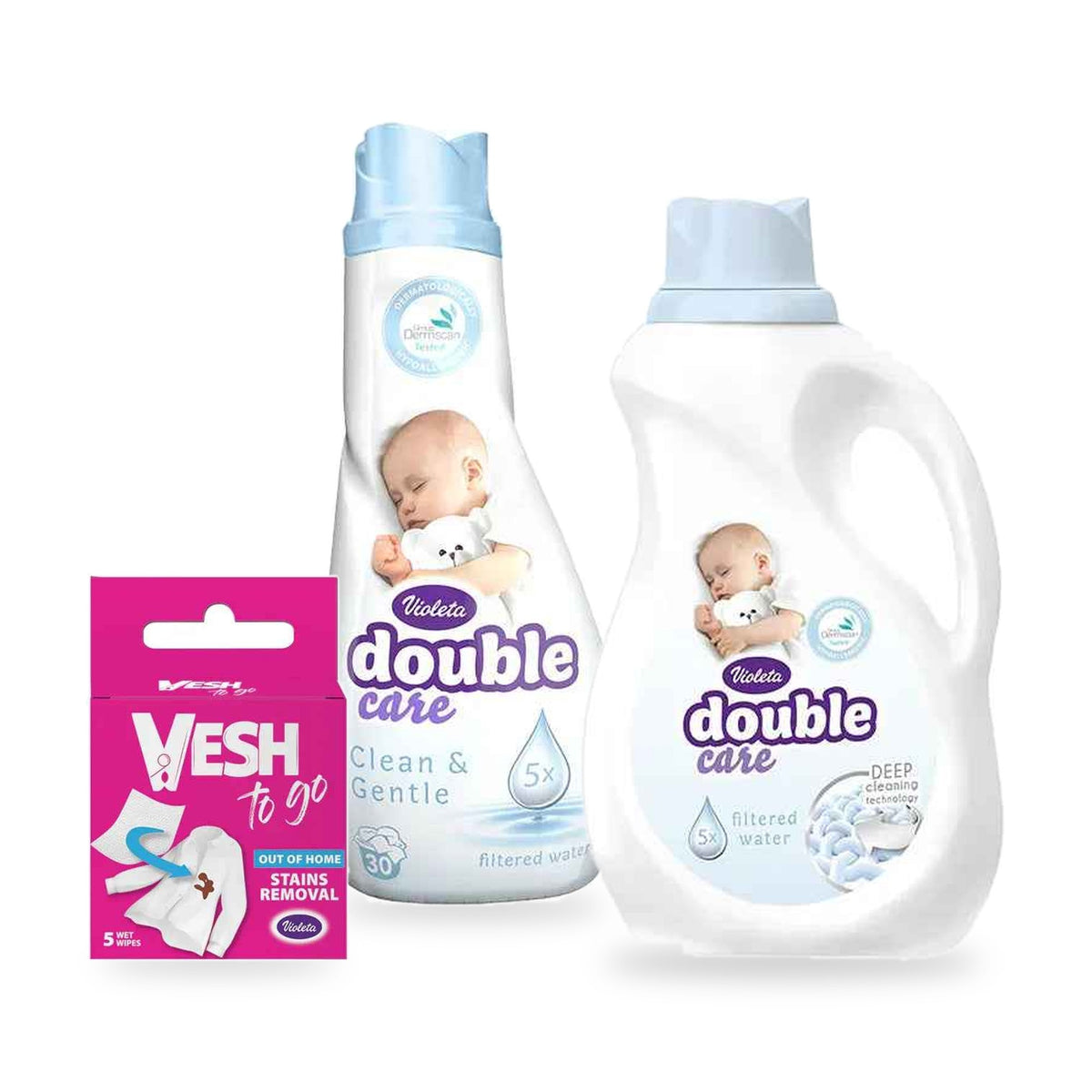 Violeta® Set za previjanje: mehčalec, detergent in robčki