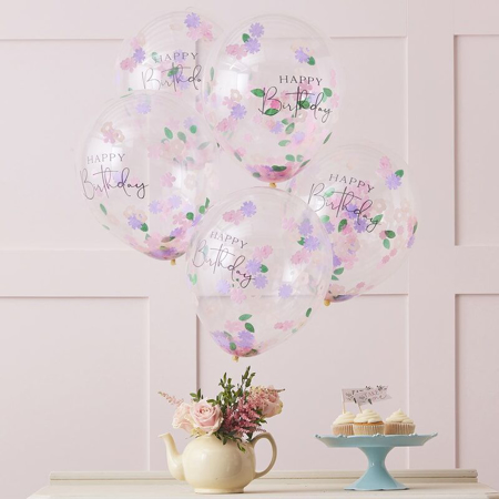 Slika za Ginger Ray® Baloni s konfetima Floral Happy Birthday 5 komada