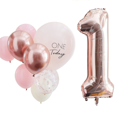 Ginger Ray® Baloni za 1. rođendan Mix It Up Pink Rose Gold